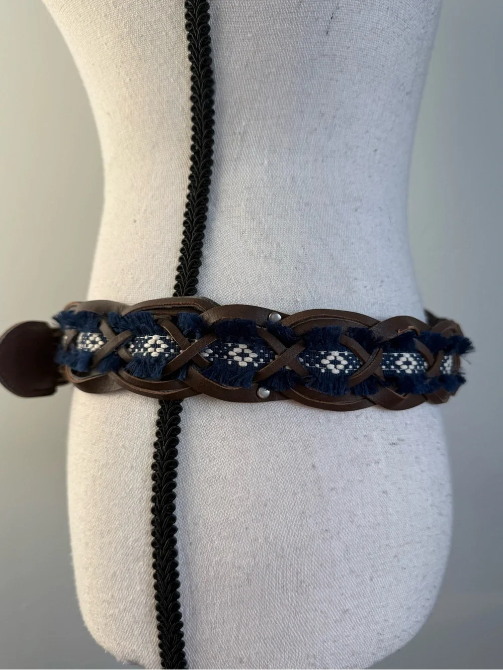 Boho Braided Leather Belt Blue Fringe Woven Western Festival Waist Belt
